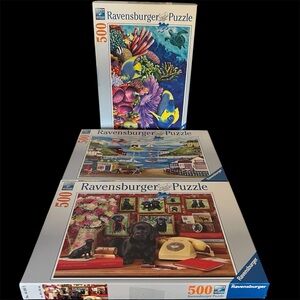Three Ravensburger Puzzles 500 Piece Black Labs Fish Ocean Seaside Complete